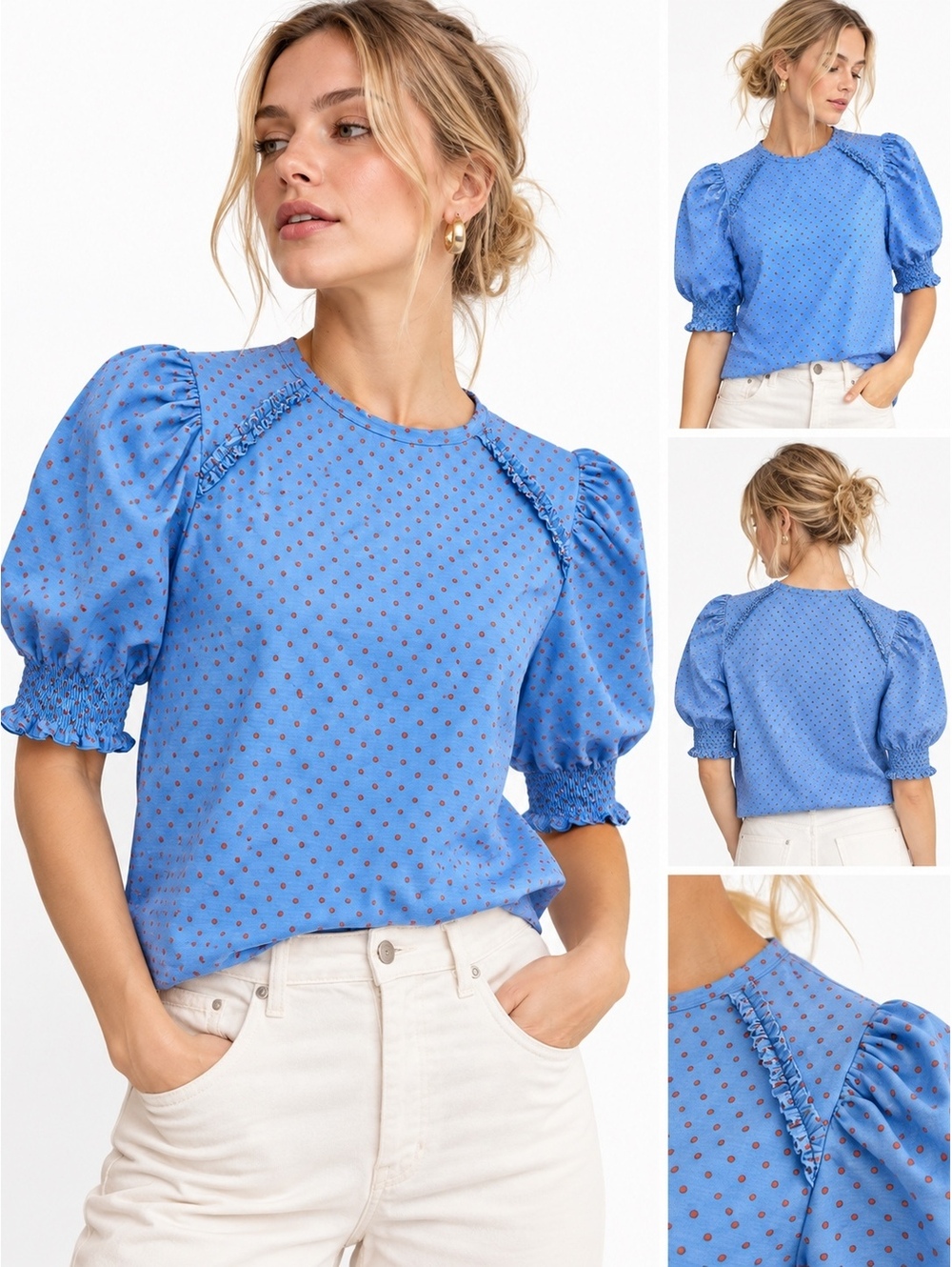 Zara Blue Red Polka Dot Puff Sleeve Ruffle Blouse Top M